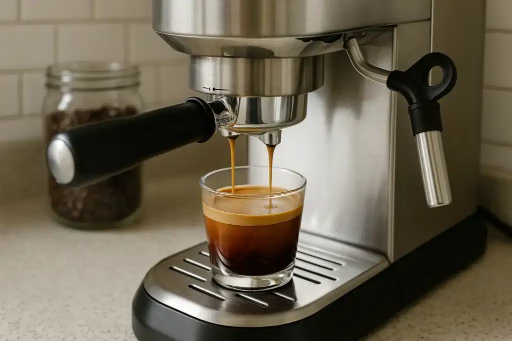 When you lock in your portafilter and start the pump, the first drops should appear around 5–8 seconds in a well-prepped puck. 